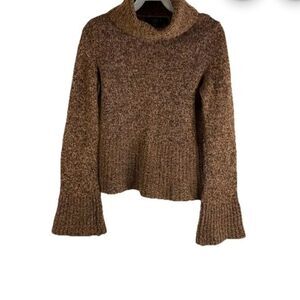 Express L Brown MERINO WOOL Blend Knit Turleneck Bell Lslv Cropped Women Sweater